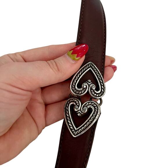 Western Brown Leather Silver Heart Detail Belt - Picture 2 of 5